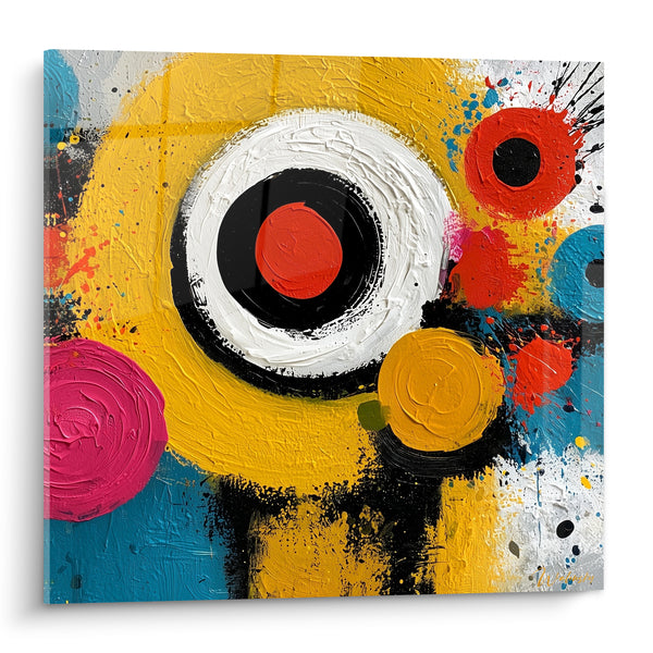 Tableau Cercles jaune et bleu aux éclaboussures noires - Explosion joyeuse - Edition style Peinture abstrait