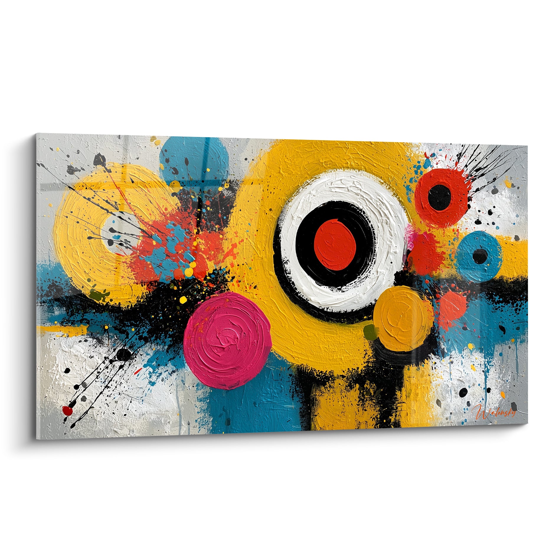 Cercles concentriques jaune, rose fuchsia et bleu turquoise éclaboussés de noir, style peinture abstrait