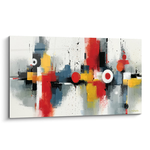 Tableau Skyline rouge et jaune aux cibles éclaboussées - Rétrospective géométrique urbaine - Edition style Peinture abstrait
