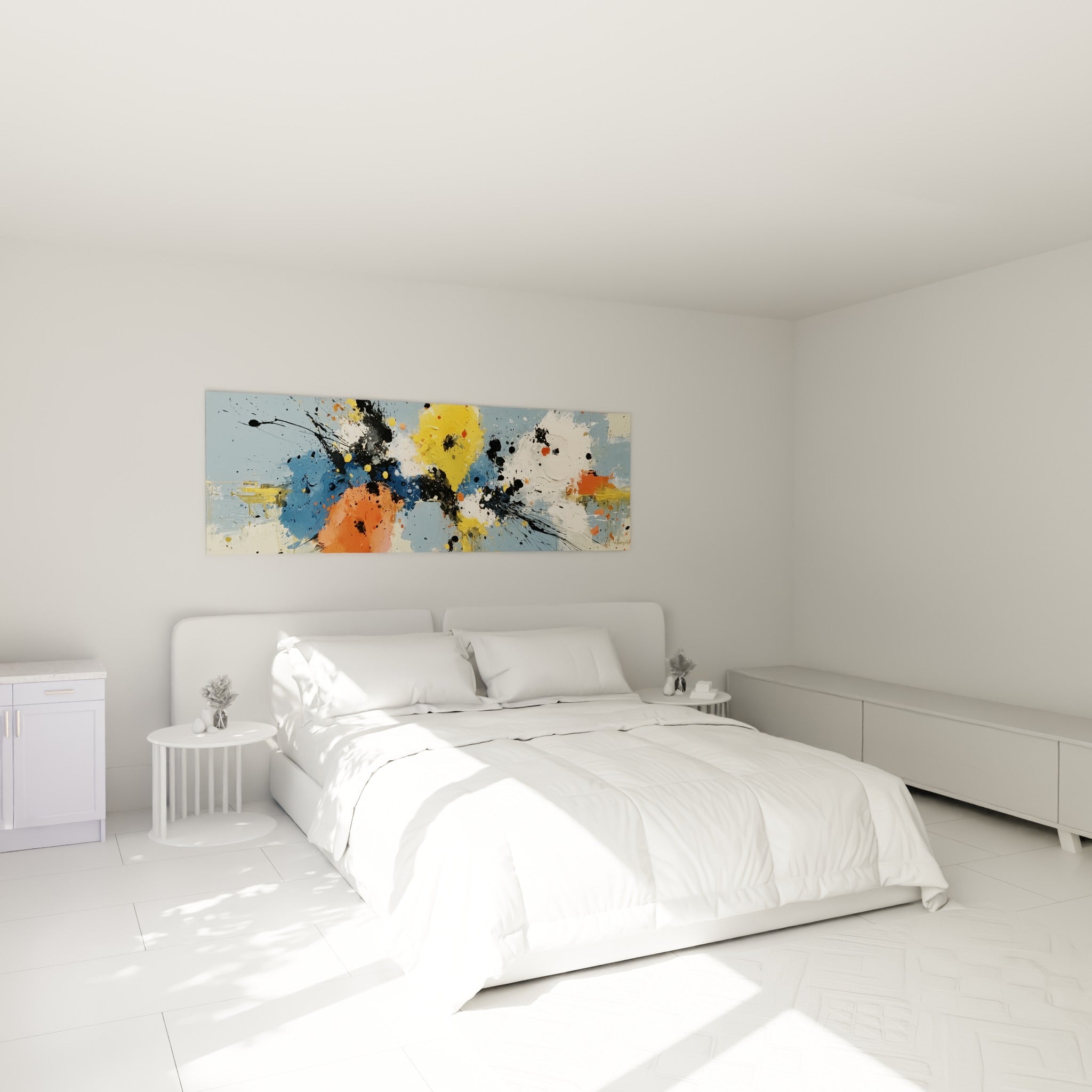 Formes jaunes et bleu pastel de ce tableau style Peinture abstrait au-dessus d'un lit dans une chambre claire