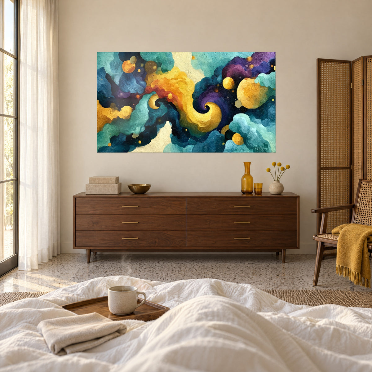 Cuadro galaxia pintada en pasta gruesa, olas verde azulado y oro, planetas dorados, encima de una cama en un dormitorio claro