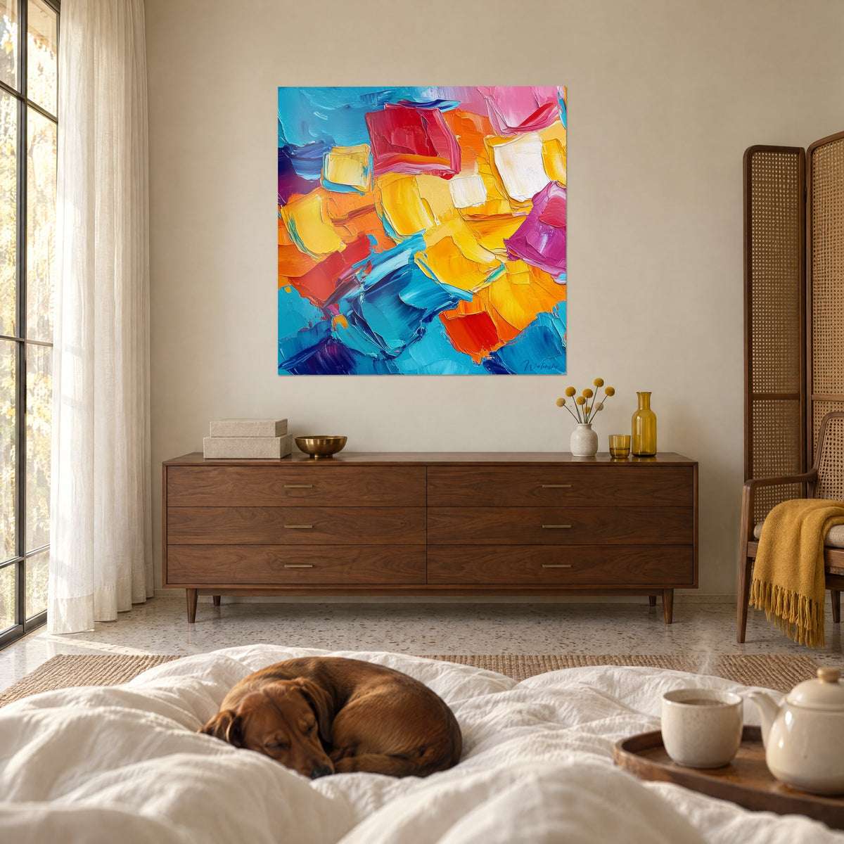 Cuadro explosión de colores vivos, amarillo dorado y azul azur, toques rojos, encima de una cama en un dormitorio luminoso