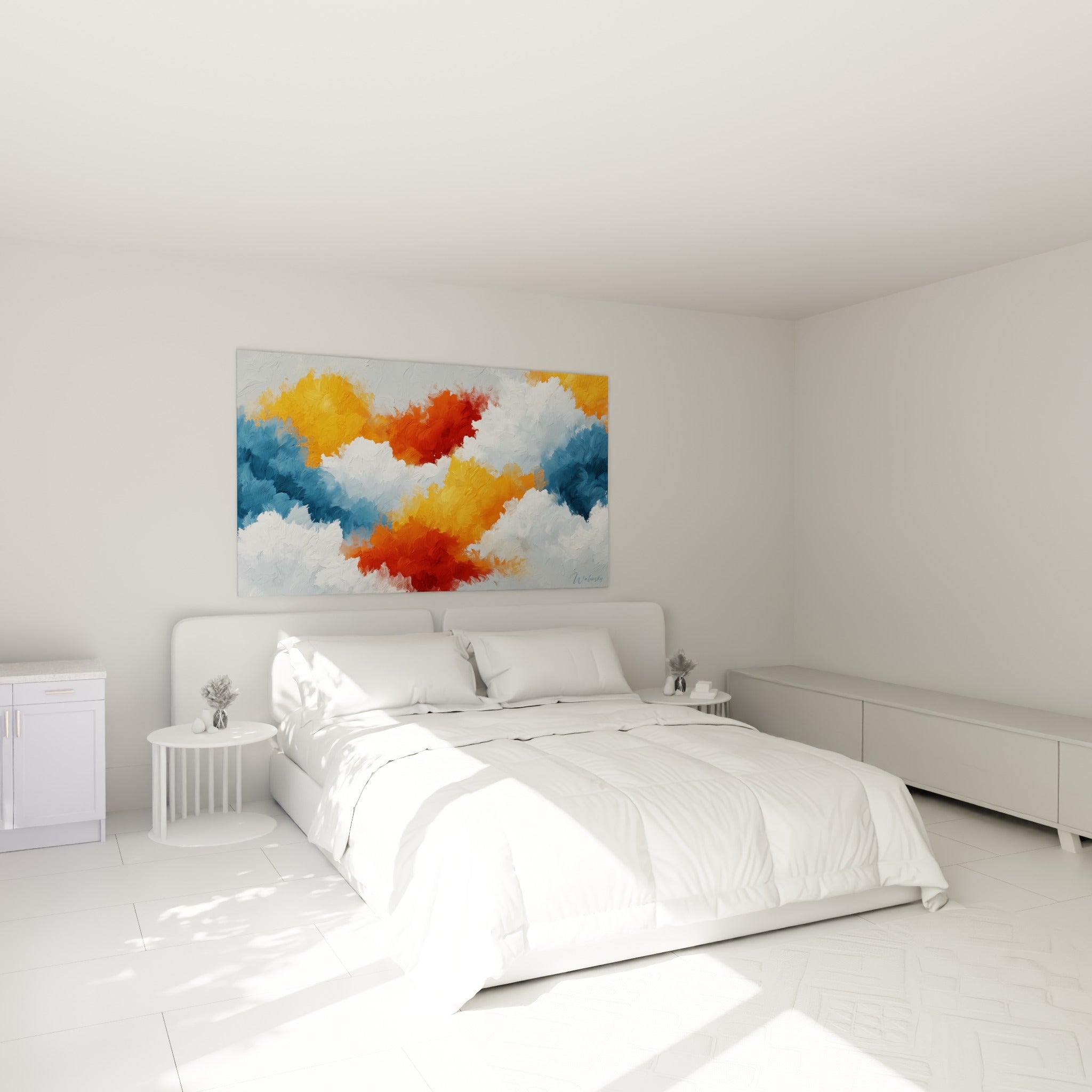 Masses colorées bleu marine et orange doré, style Peinture abstrait au-dessus d'un lit dans une chambre claire