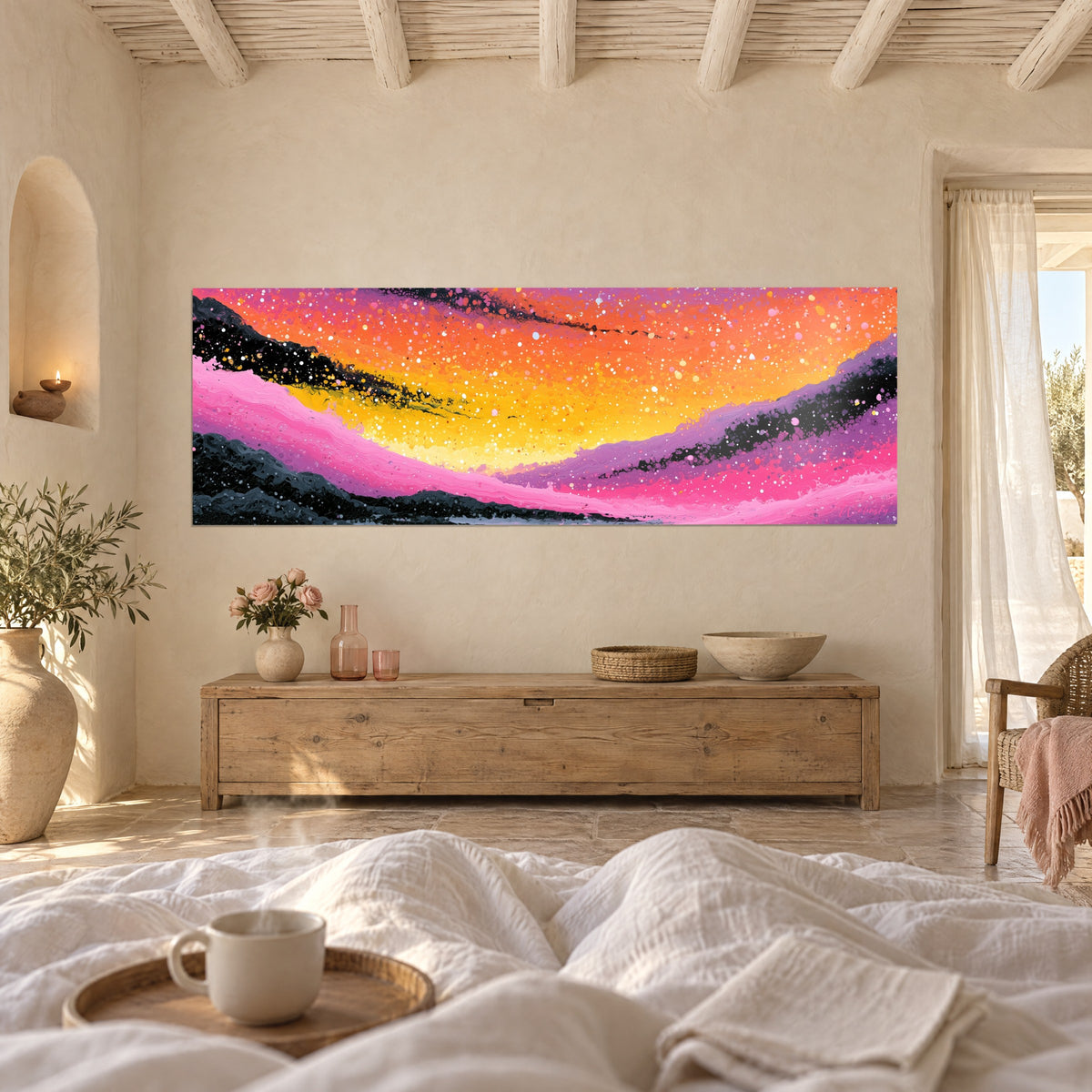 Wall art celestial fusion in orange and magenta, white speckles on black drips, above a bed in a light bedroom