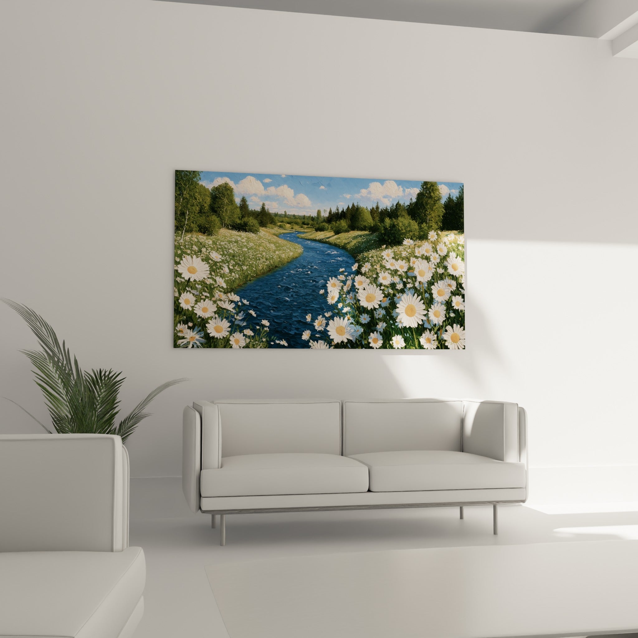 Champ de marguerites et cours d'eau bleu profond, style Peinture abstrait, au-dessus d'un canapé dans un salon lumineux