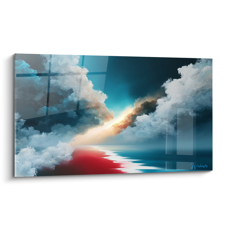 Tableau Nuages bleu et rouge entrouverts sur la mer - Trouée lumineuse dorée - Edition style Peinture abstrait