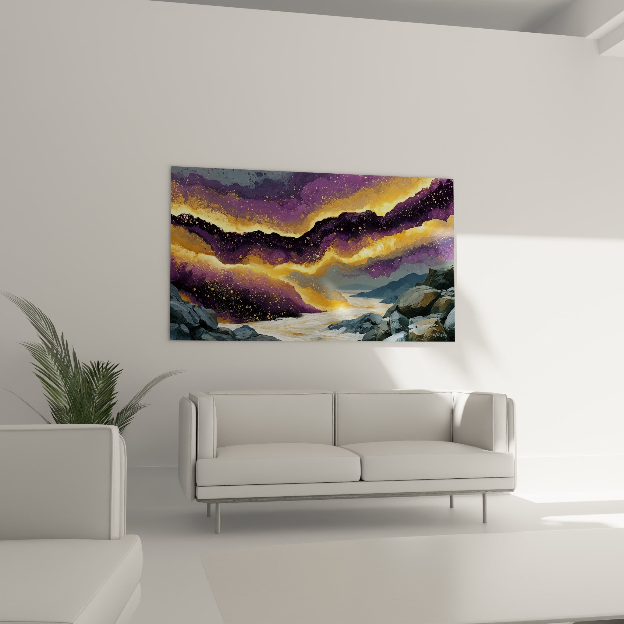 Torrent d'écume blanche sous nuages violets et dorés, disposé au-dessus d'un canapé dans un salon lumineux