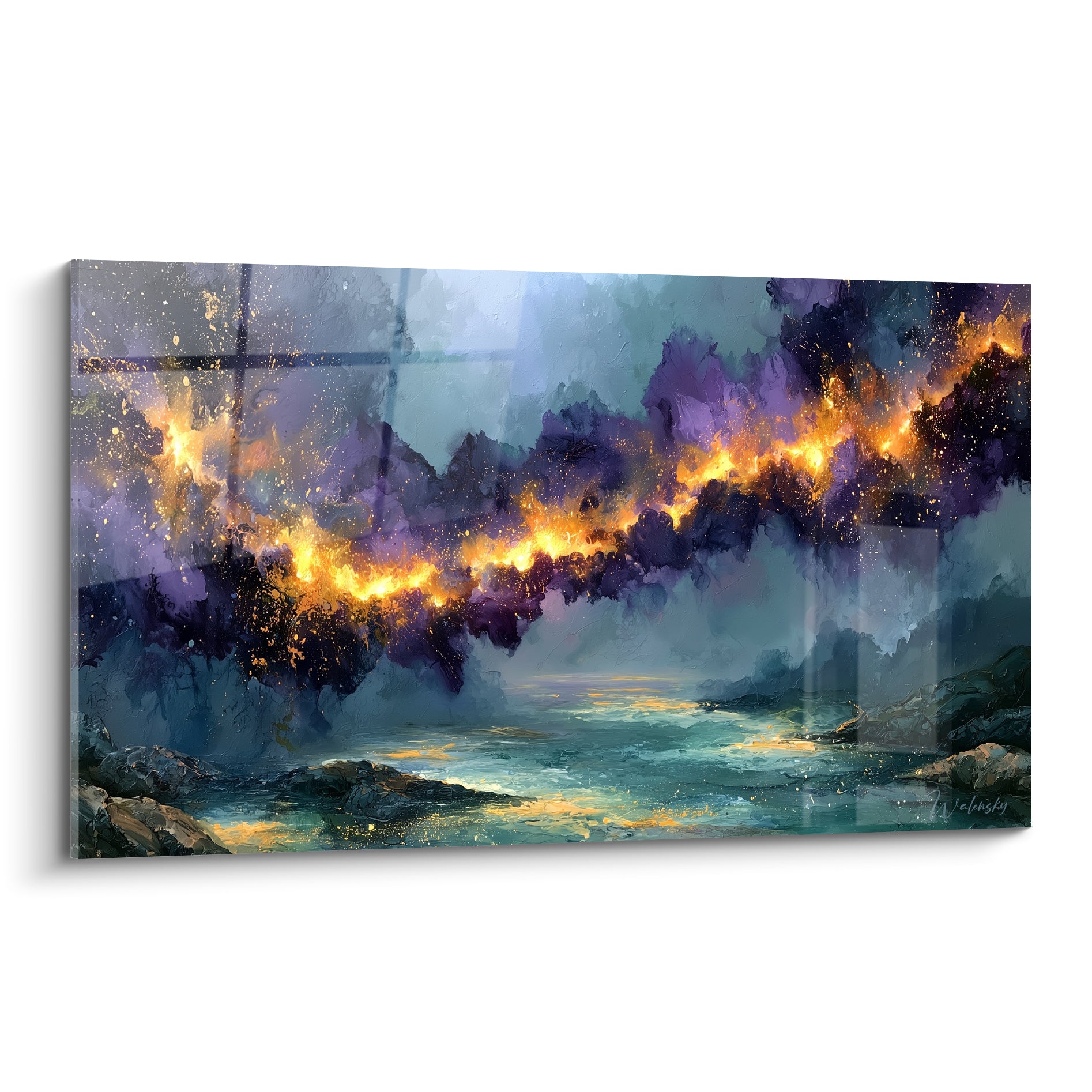 Traînée dorée incandescente sur ciel violet et rivière turquoise, style Peinture abstrait spectaculaire