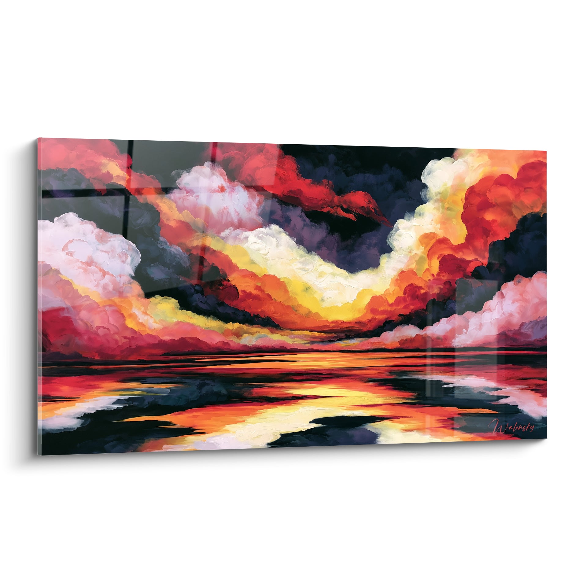 Ciel embrasé aux nuages orange, anthracite et blancs dans ce tableau style Peinture abstrait