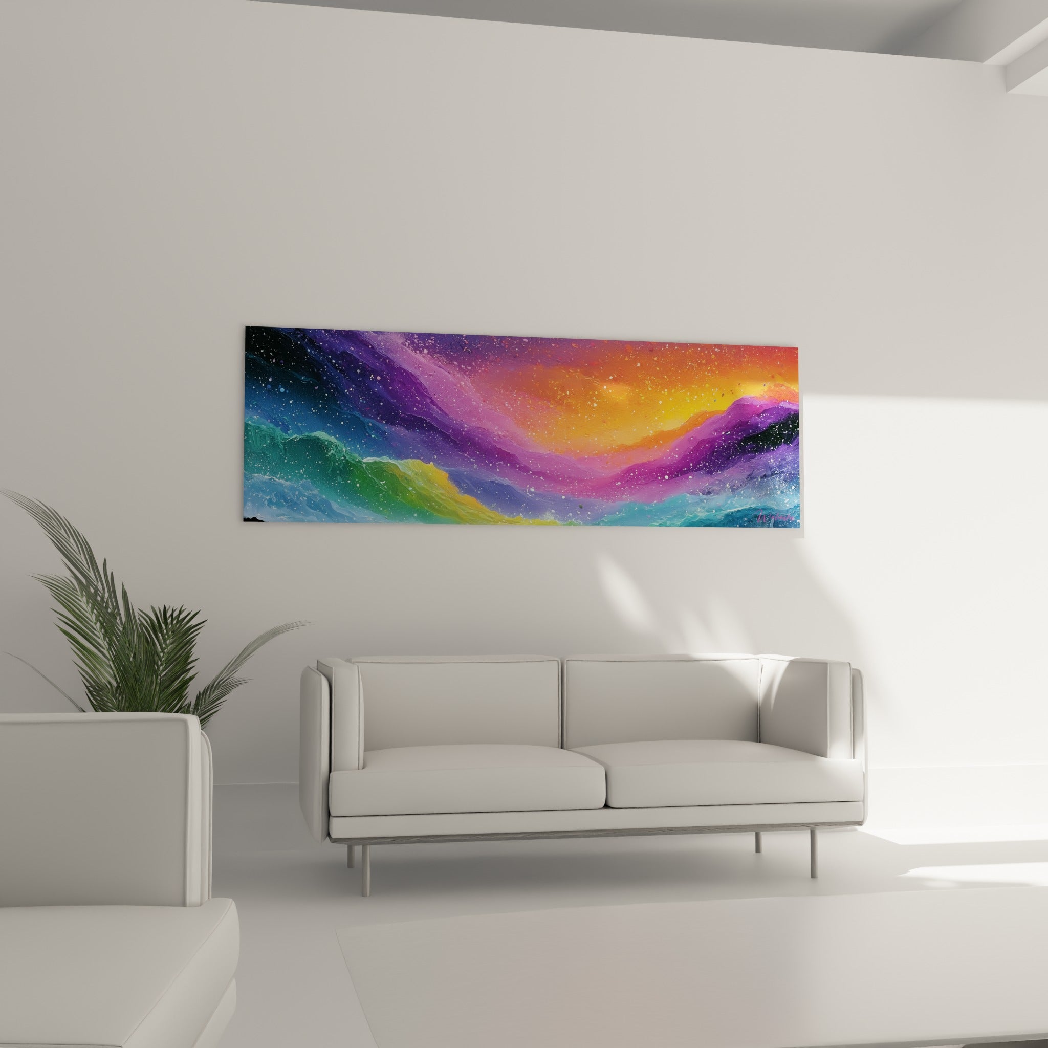 Ciel orangé et vagues émeraude du style Peinture abstrait suspendus au-dessus d'un canapé dans un salon lumineux