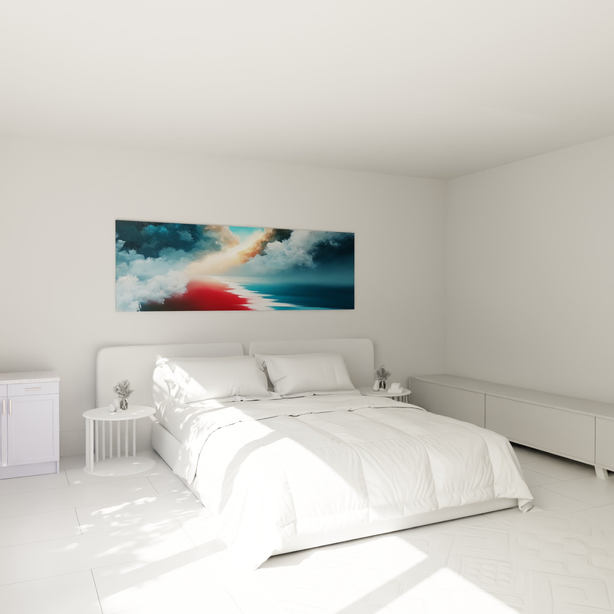 Nuages bleu marine et bande rouge incandescente au-dessus d'un lit dans une chambre claire