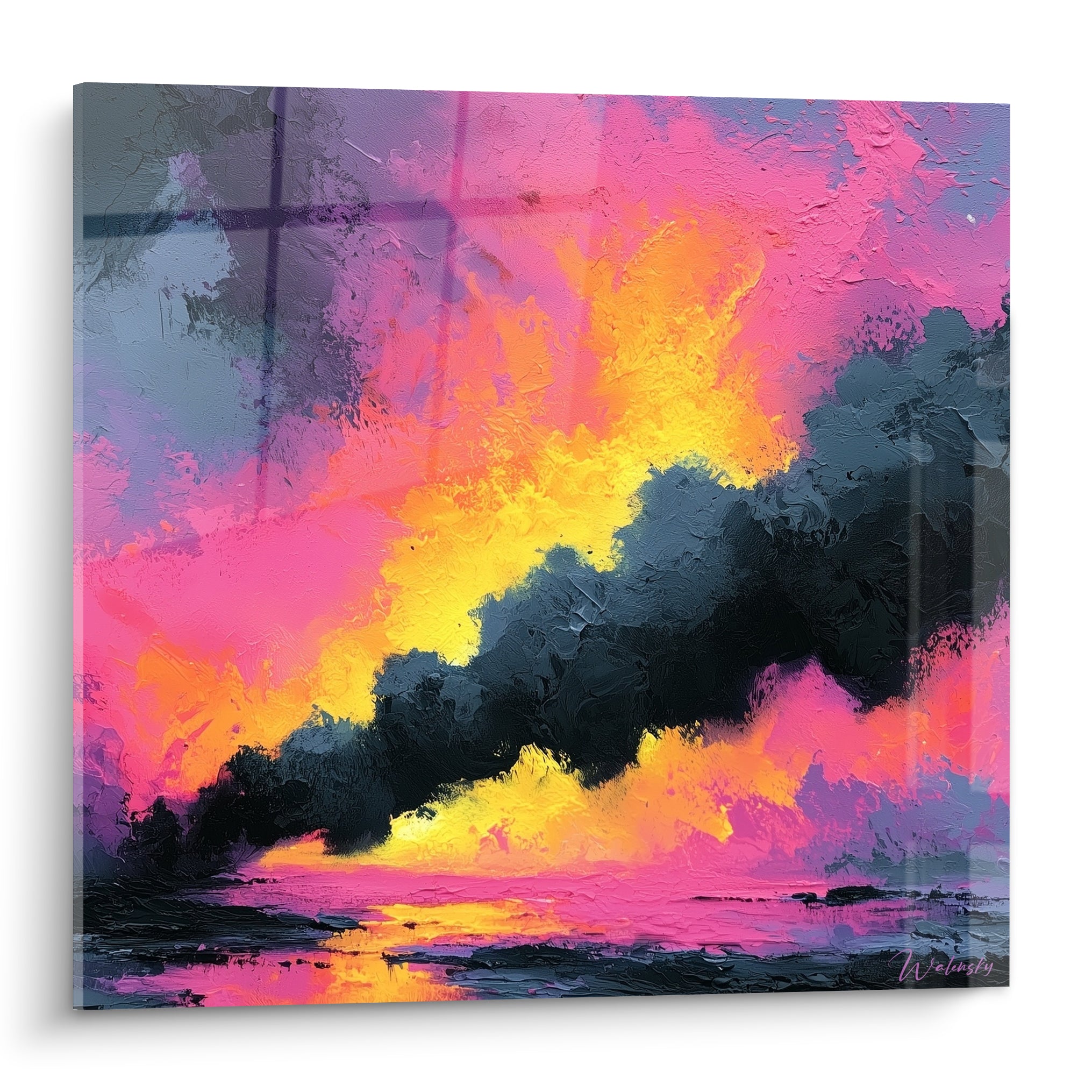 Ciel abstrait rose et jaune traversé d'une nuée anthracite, style peinture abstraite intense