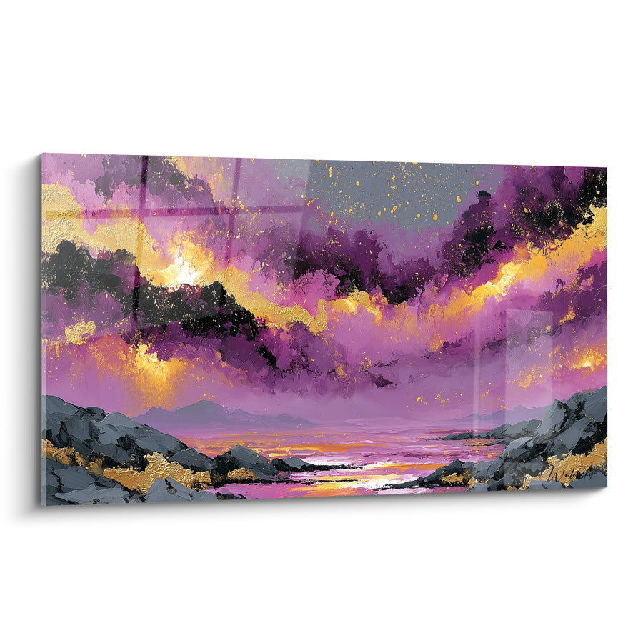 Tableau Paysage côtier violet et doré flamboyant - Embrasement du littoral - Edition style Peinture abstrait