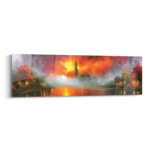 Tableau Cité brumeuse aux tons orange et violet - Lueurs d'un soir oublié - Edition style Peinture abstrait
