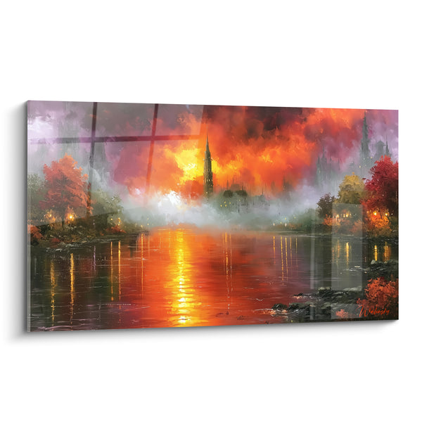 Tableau Cité fluviale aux tons orange et pourpre - Crépuscule enflammé - Edition style Peinture abstrait