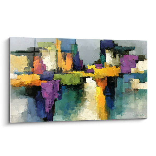 Tableau Cité colorée aux reflets violets et dorés - Reflets urbains - Edition style Peinture abstrait