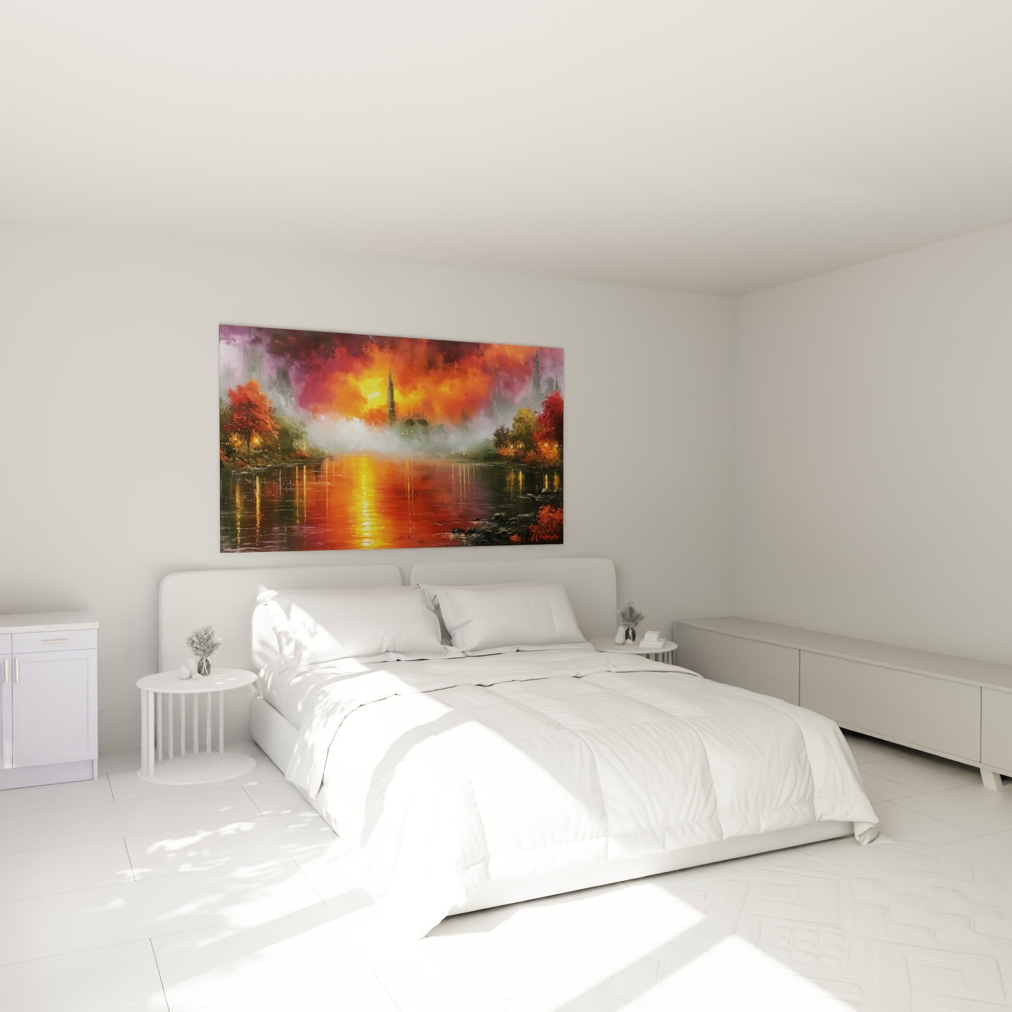 Clocher embrasé et fleuve orange du style peinture abstrait accroché au-dessus d'un lit dans une chambre claire