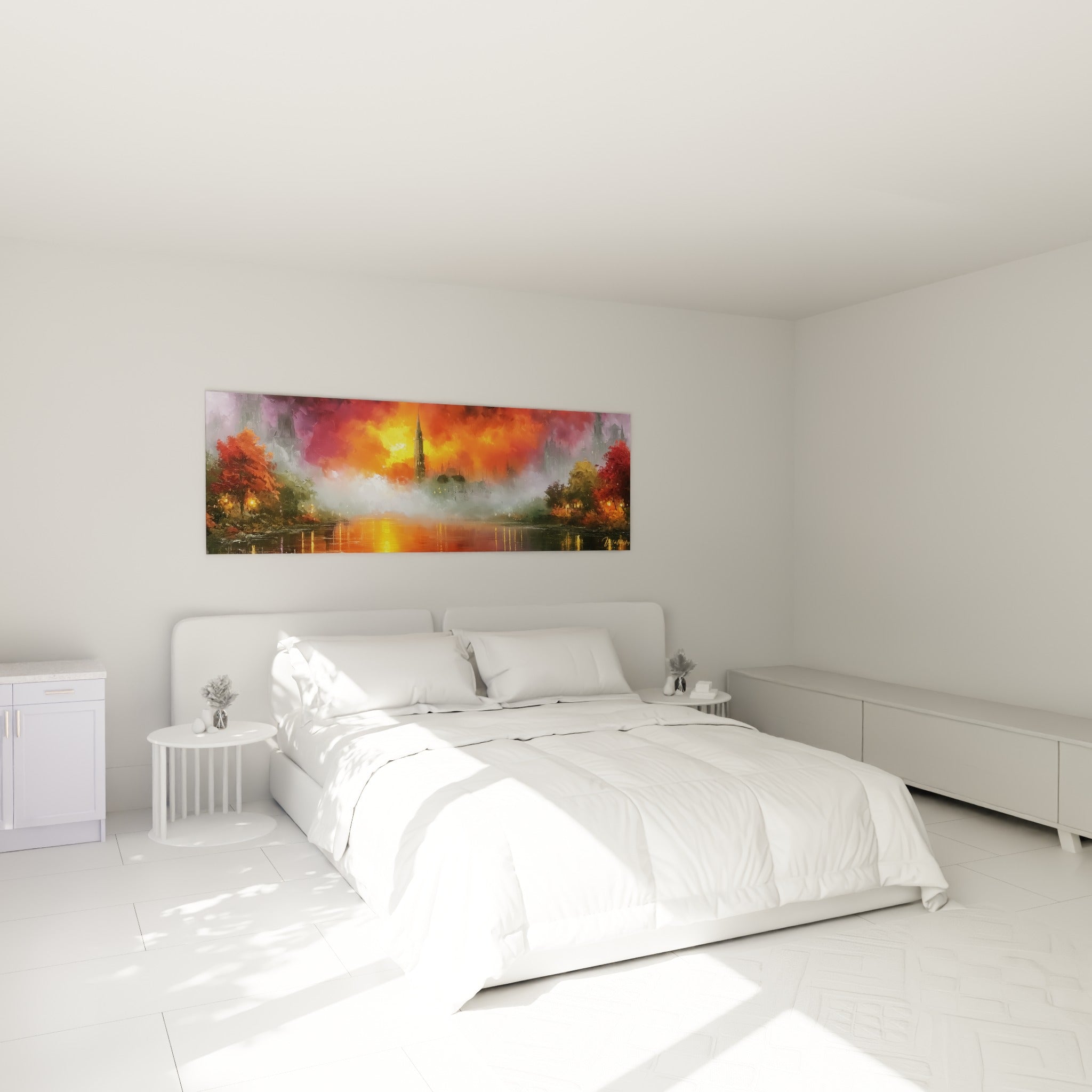 Cité ancienne noyée dans la brume orangée et violette, style Peinture abstrait au-dessus d'un lit dans une chambre claire