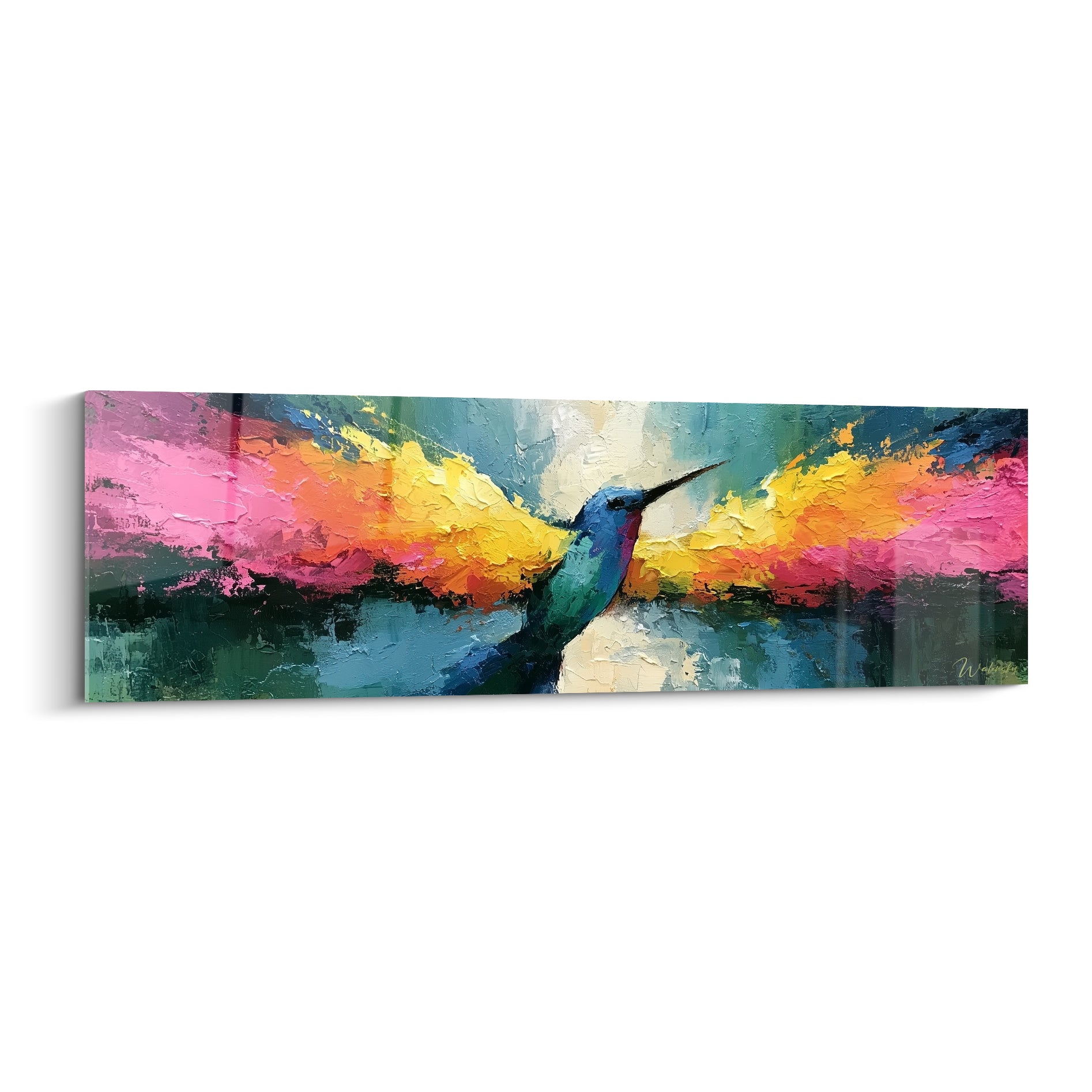 Colibri bleu et rose en plein envol, peinture abstraite aux empâtements dorés et roses vifs