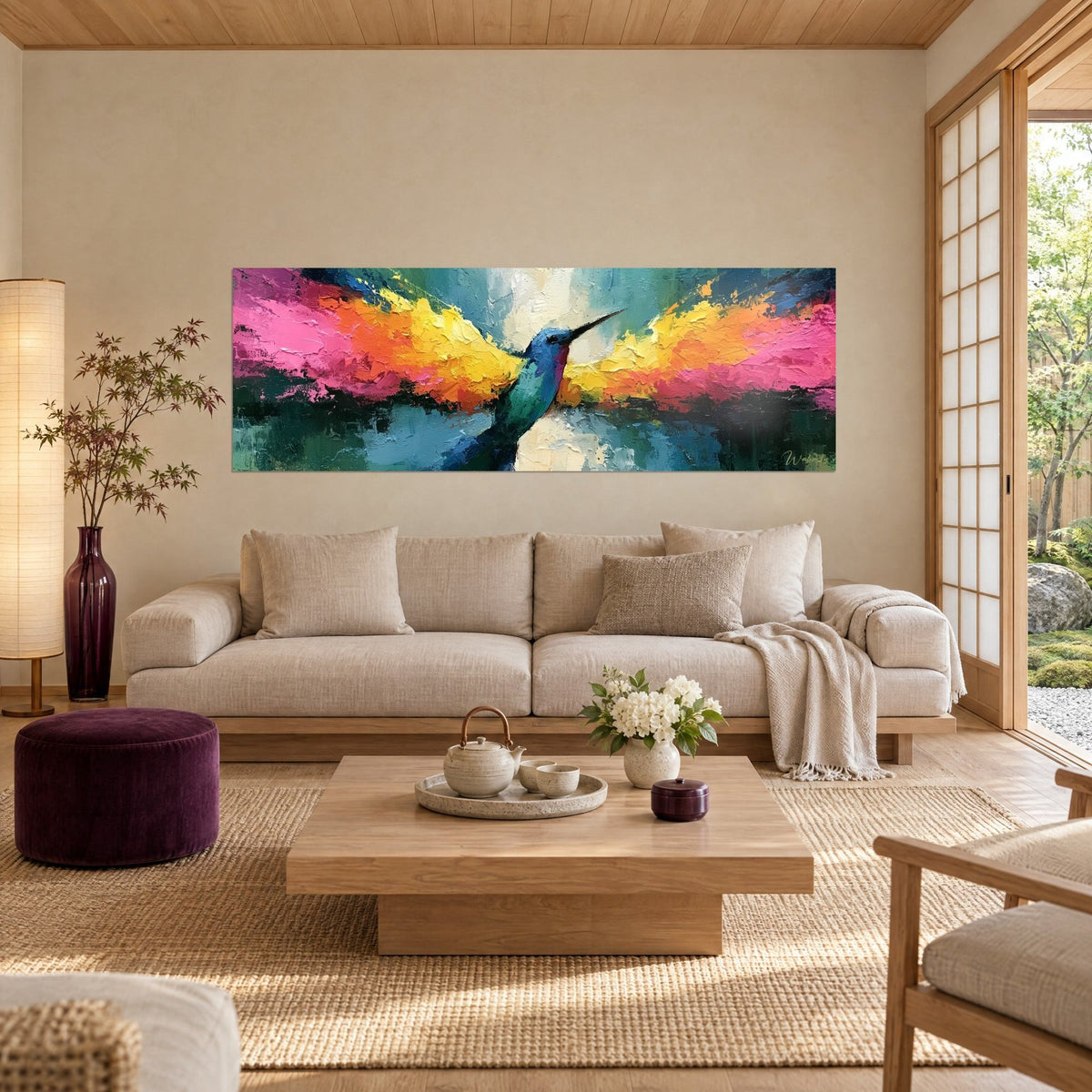 Wall art hummingbird with wings spread in orange, yellow and bright pink, slender beak, above a sofa in a bright living room