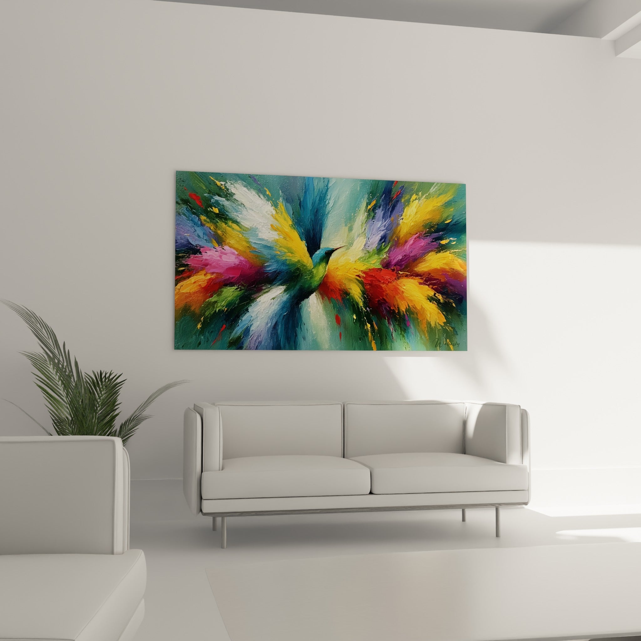 Explosion colorée verte et violette autour d'un colibri suspendue au-dessus d'un canapé dans un salon lumineux