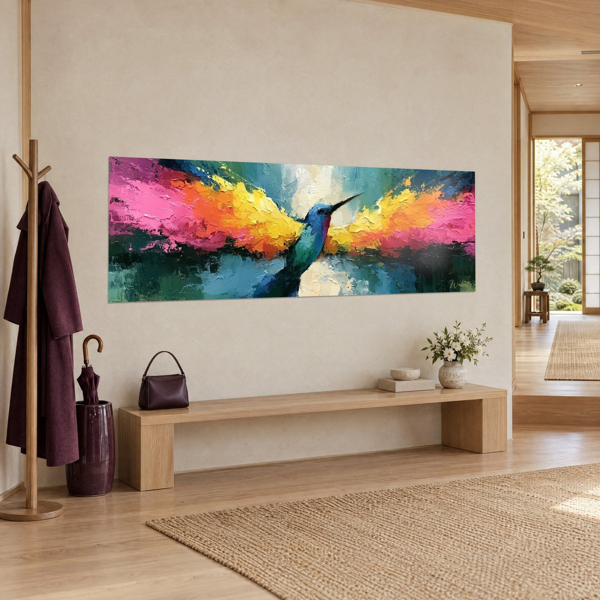 Wall art blue hummingbird with purple throat, blazing wings in thick impasto, three-quarter view on a cream wall