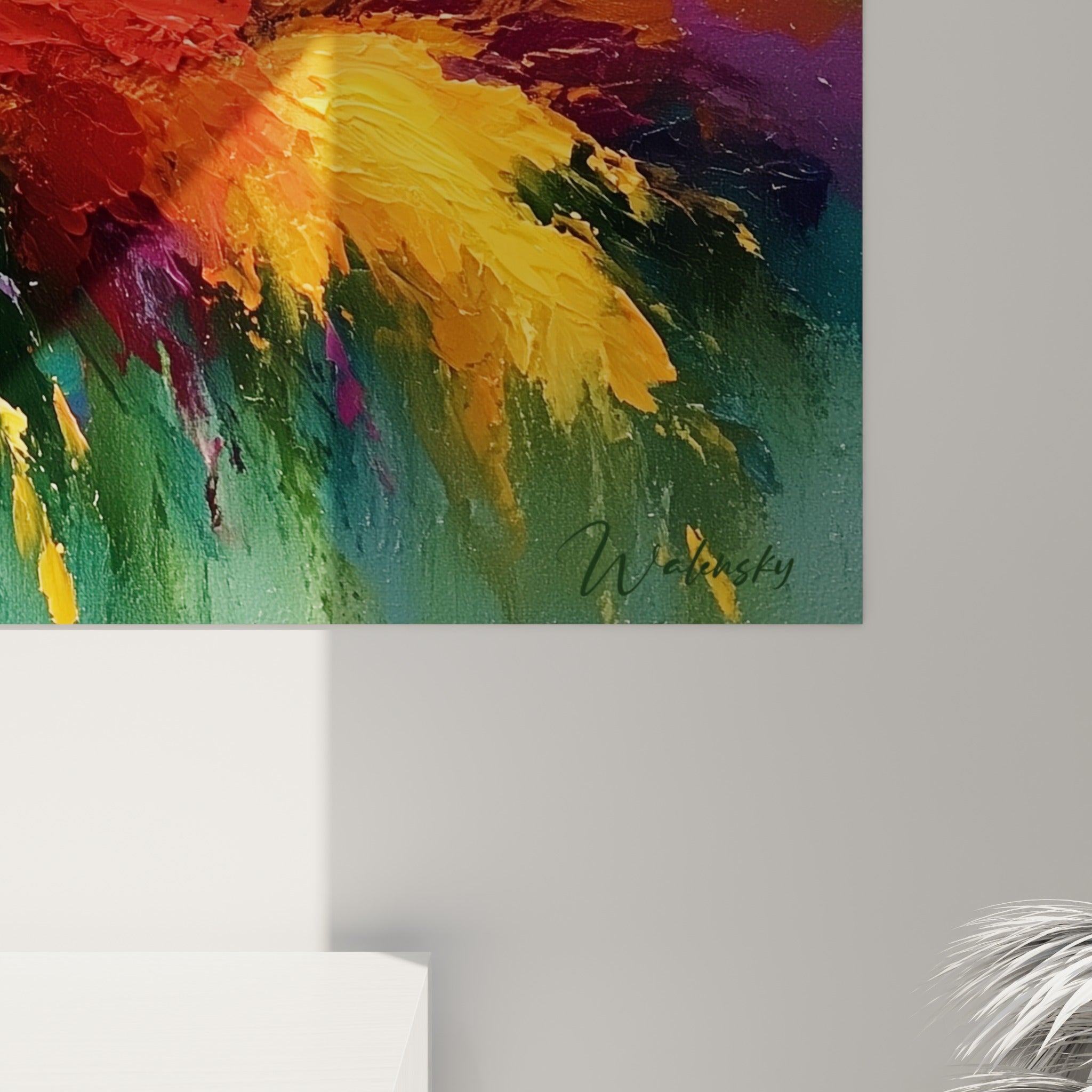Empâtements épais de peinture jaune doré et bleu-vert se mêlant en coulures sur la toile du colibri