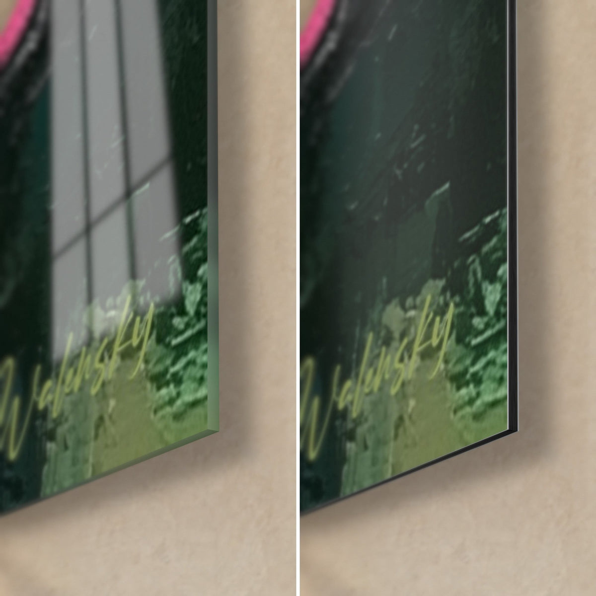 Wall art hummingbird in abstract painting, bottom right corner: glossy glass on the left, matte black Dibond on the right, 3 mm edge