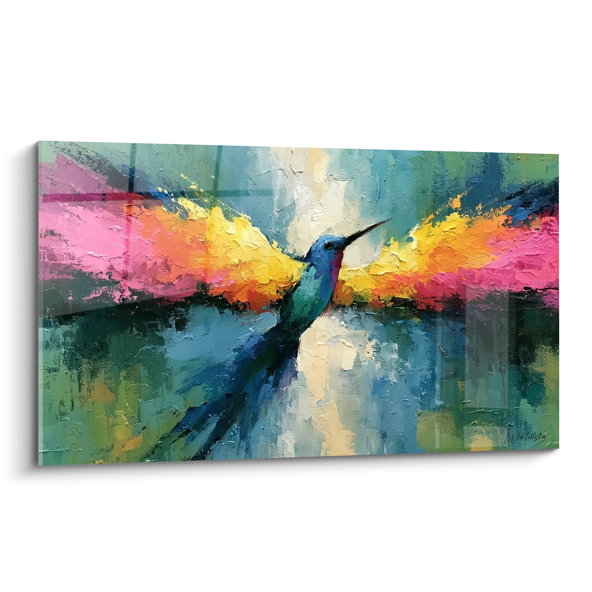 Colibri turquoise et jaune doré aux ailes déployées, peinture abstraite texturée aux empâtements visibles