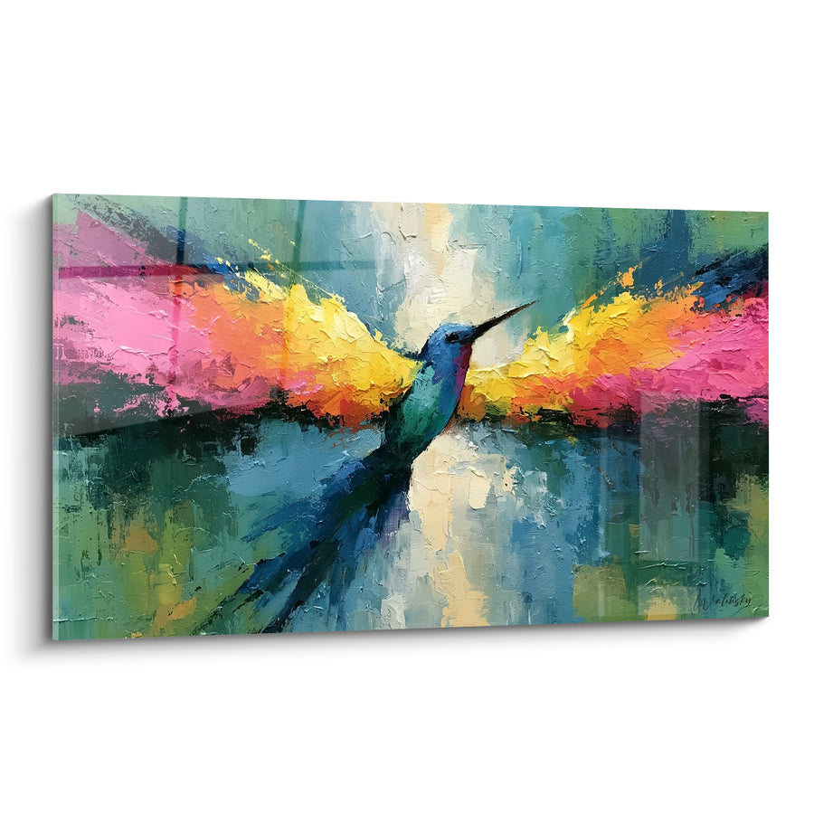 Tableau Colibri bleu et jaune ailes déployées - Envol lumineux - Edition style Peinture abstrait
