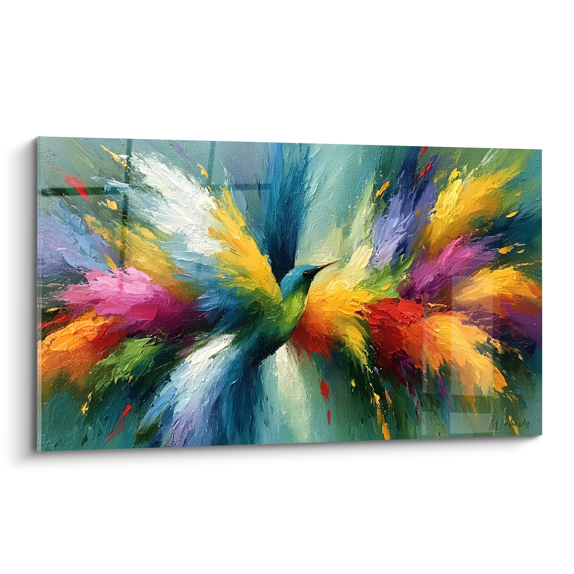 Colibri turquoise et doré aux ailes déployées en éclats de peinture magenta et jaune