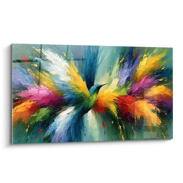 Tableau Colibri turquoise aux ailes déployées multicolores - Envol coloré - Edition style Peinture abstrait