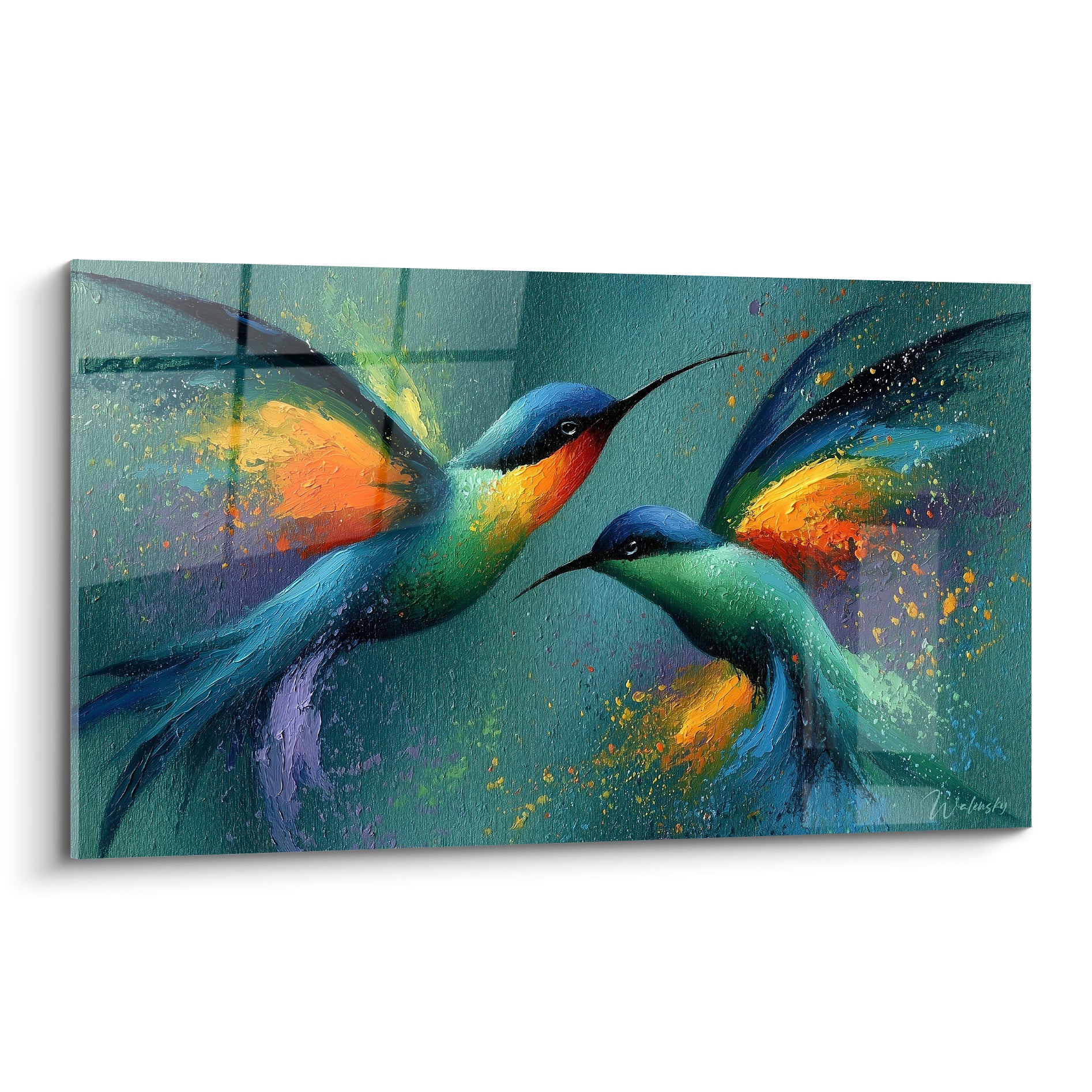 Colibris turquoise et orange en vol suspendu, style peinture abstrait aux empâtements texturés vibrants
