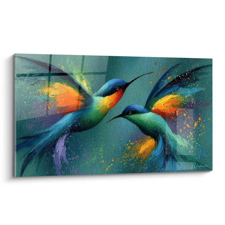 Tableau Colibris bleu et orange en vol - Ballet aérien - Edition style Peinture abstrait