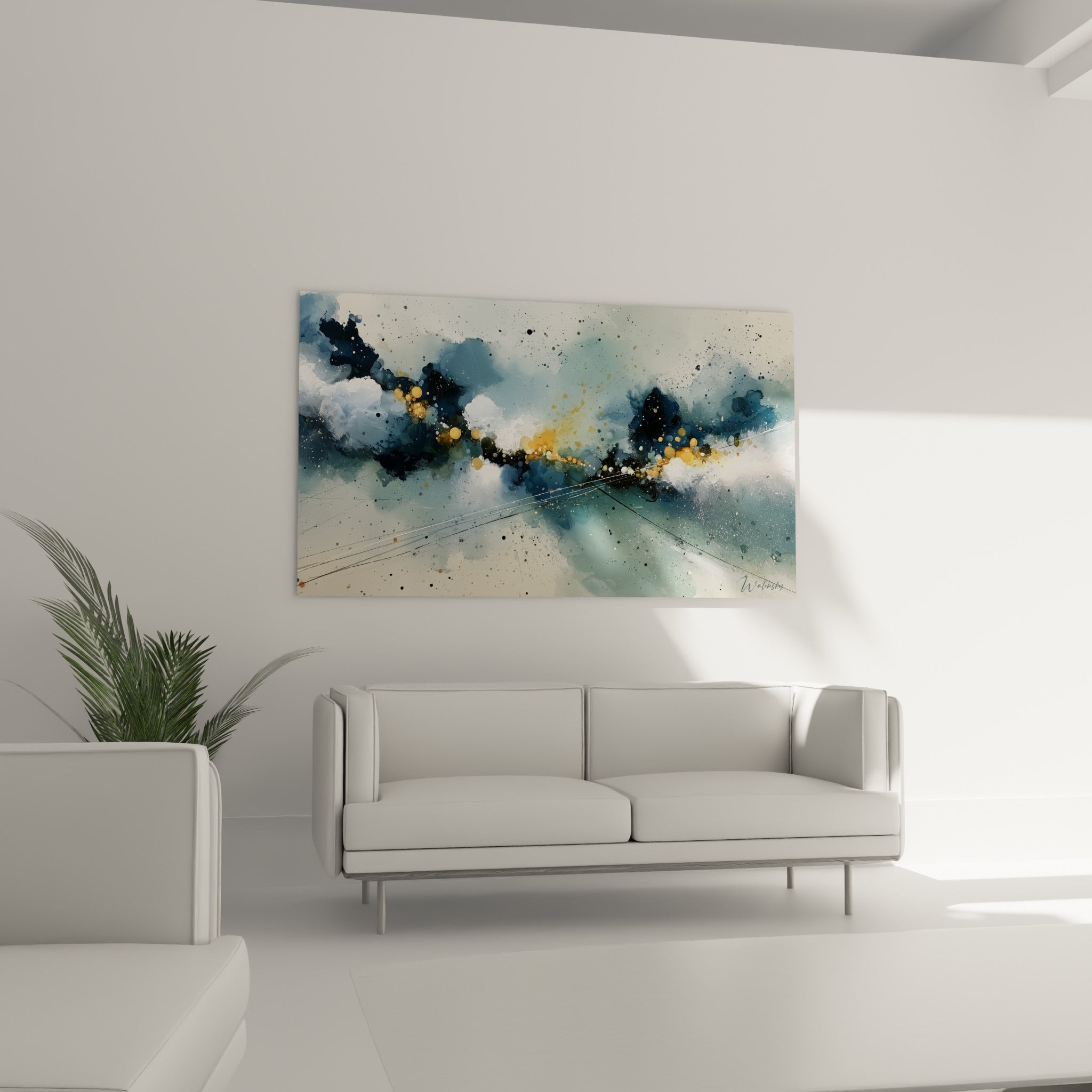 Constellation dorée émergeant d'une nuée bleu marine, au-dessus d'un canapé dans un salon lumineux