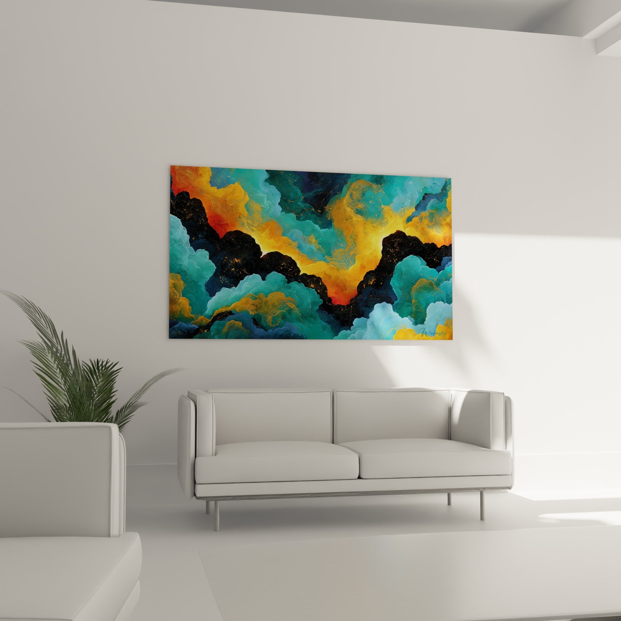 Embrasement doré et bleu profond du tableau style Peinture abstrait, disposé au-dessus d'un canapé dans un salon lumineux