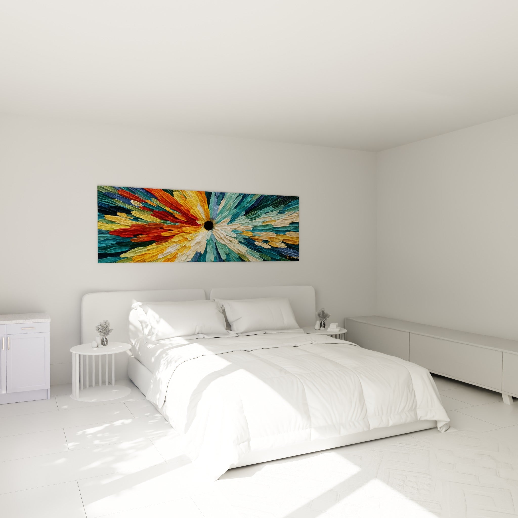 Pétales turquoise et rouge jaillissant d'un centre noir, tableau style Peinture abstrait au-dessus d'un lit dans une chambre claire