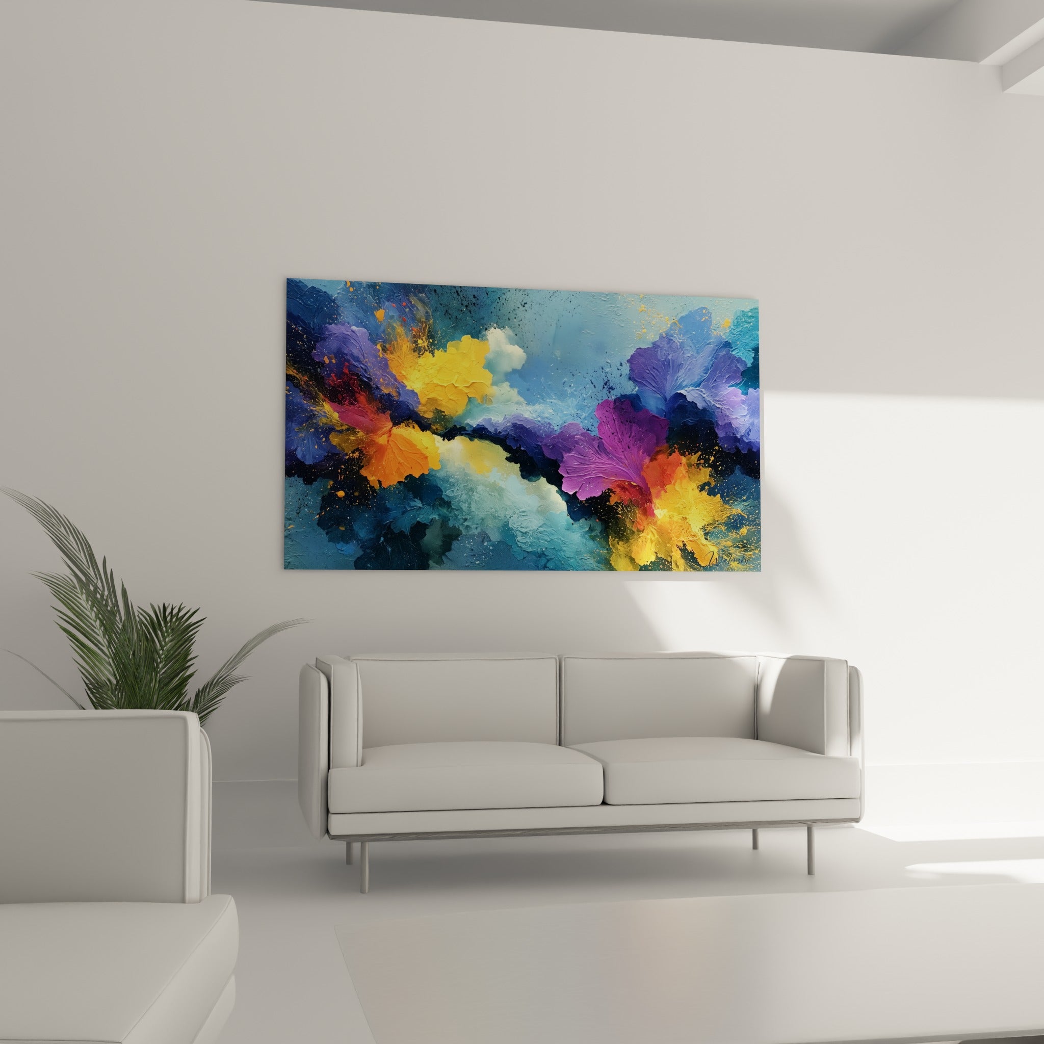 Corolles turquoise et magenta jaillissant en relief, style Peinture abstrait au-dessus d'un canapé dans un salon lumineux