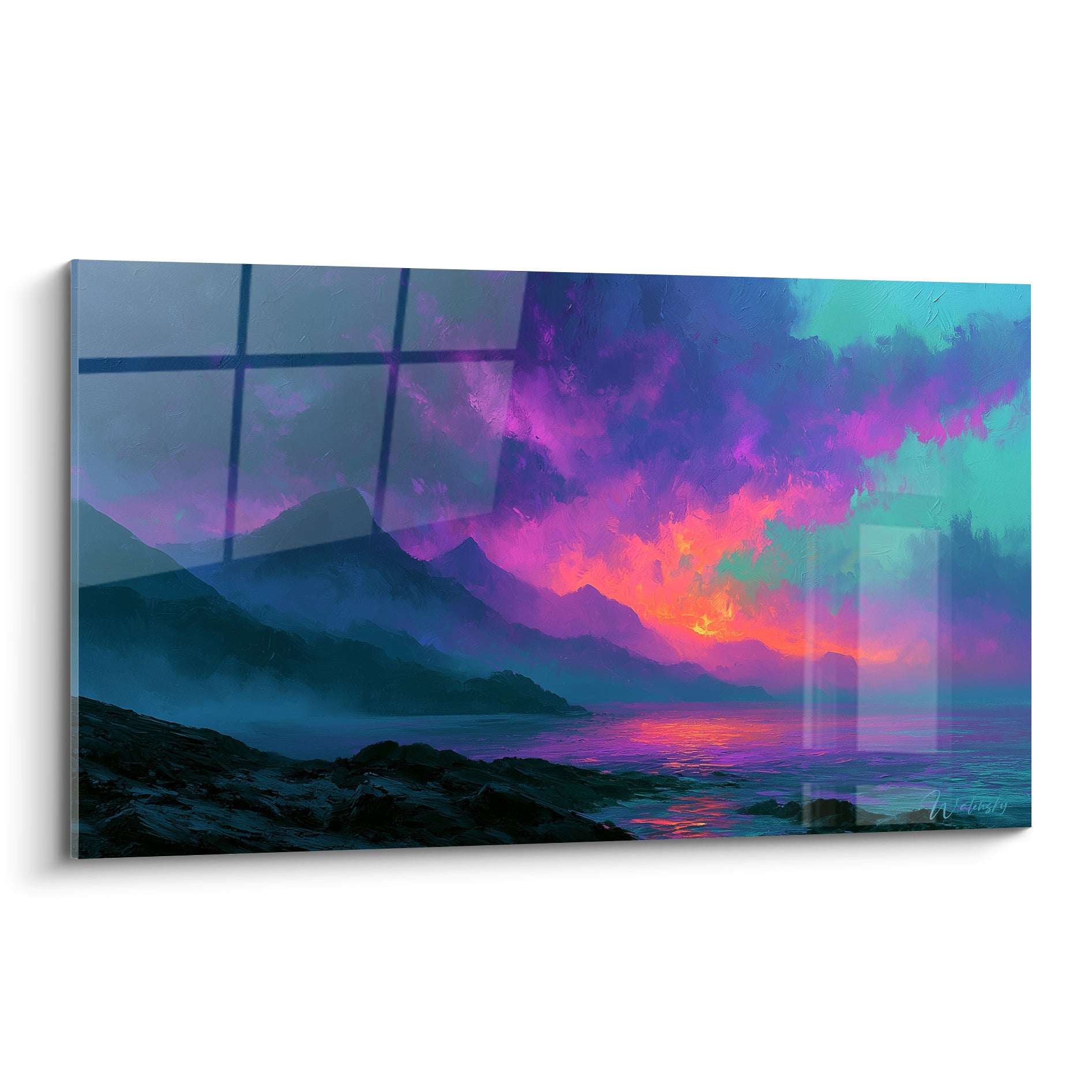 Coucher de soleil violet et turquoise sur montagnes, peinture texturée aux reflets orangés