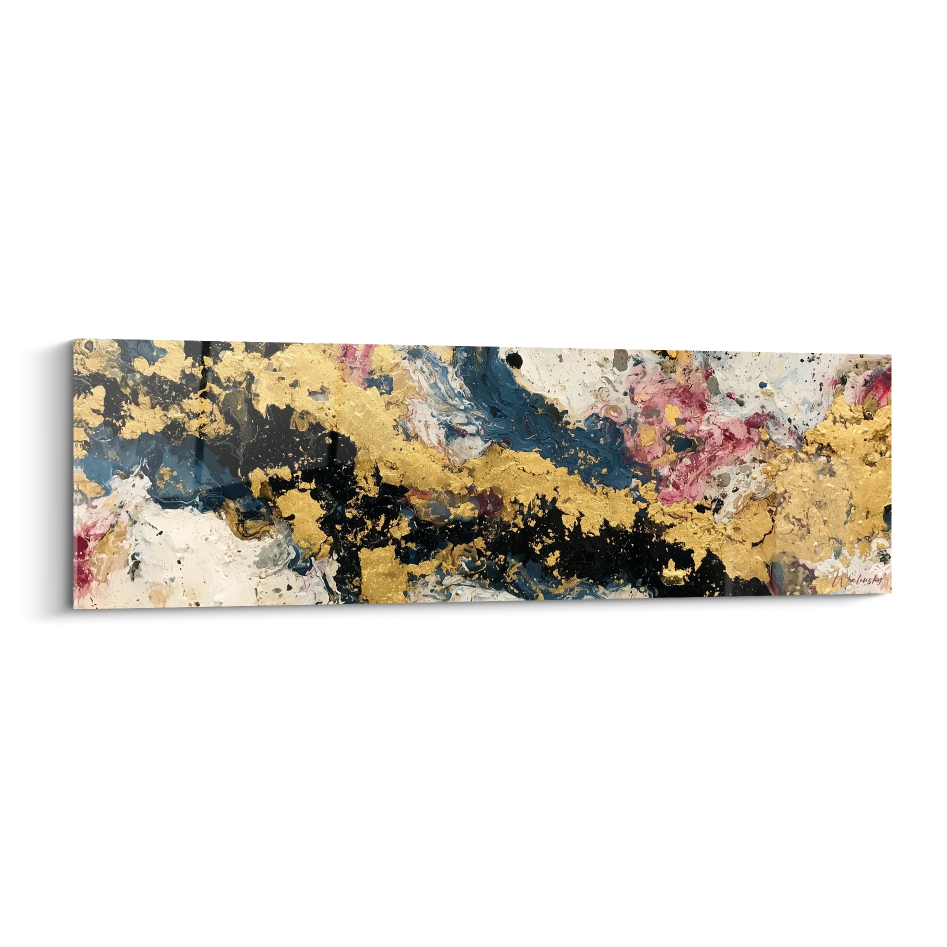 Coulée dorée traversant une toile bleu marine et anthracite, style Peinture abstrait aux touches roses