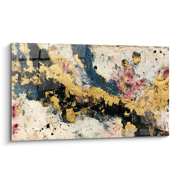 Tableau Coulée dorée et noire aux éclaboussures roses - Veines bleu marine - Edition style Peinture abstrait