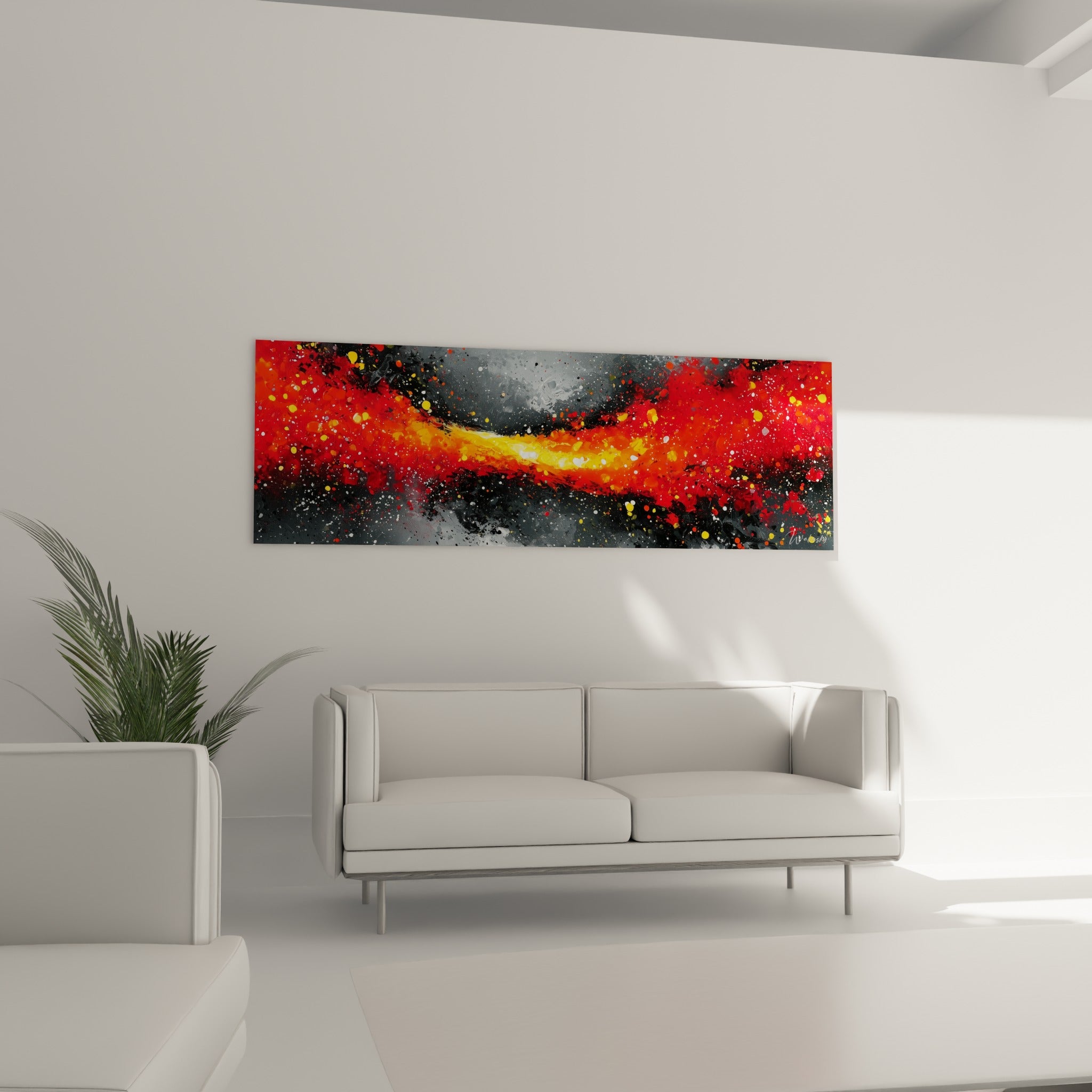 Coulée dorée sur fond rouge sombre, style Peinture abstrait au-dessus d'un canapé dans un salon lumineux