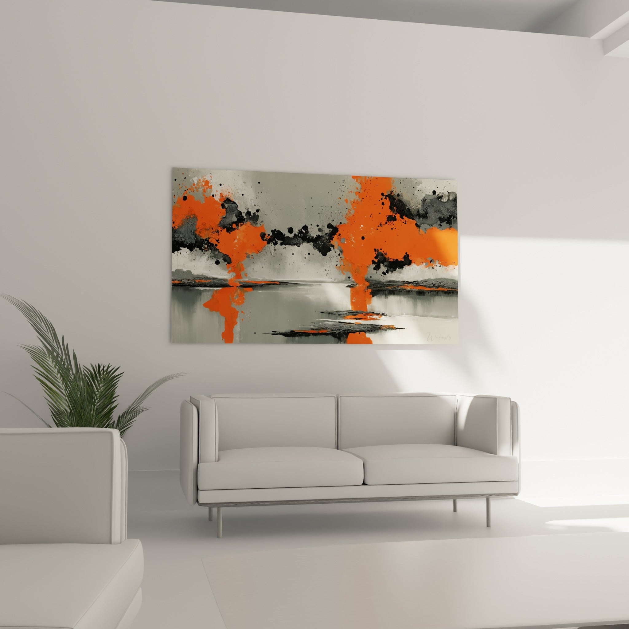 Coulées orange et taches noires d'un style Peinture abstrait, au-dessus d'un canapé dans un salon lumineux