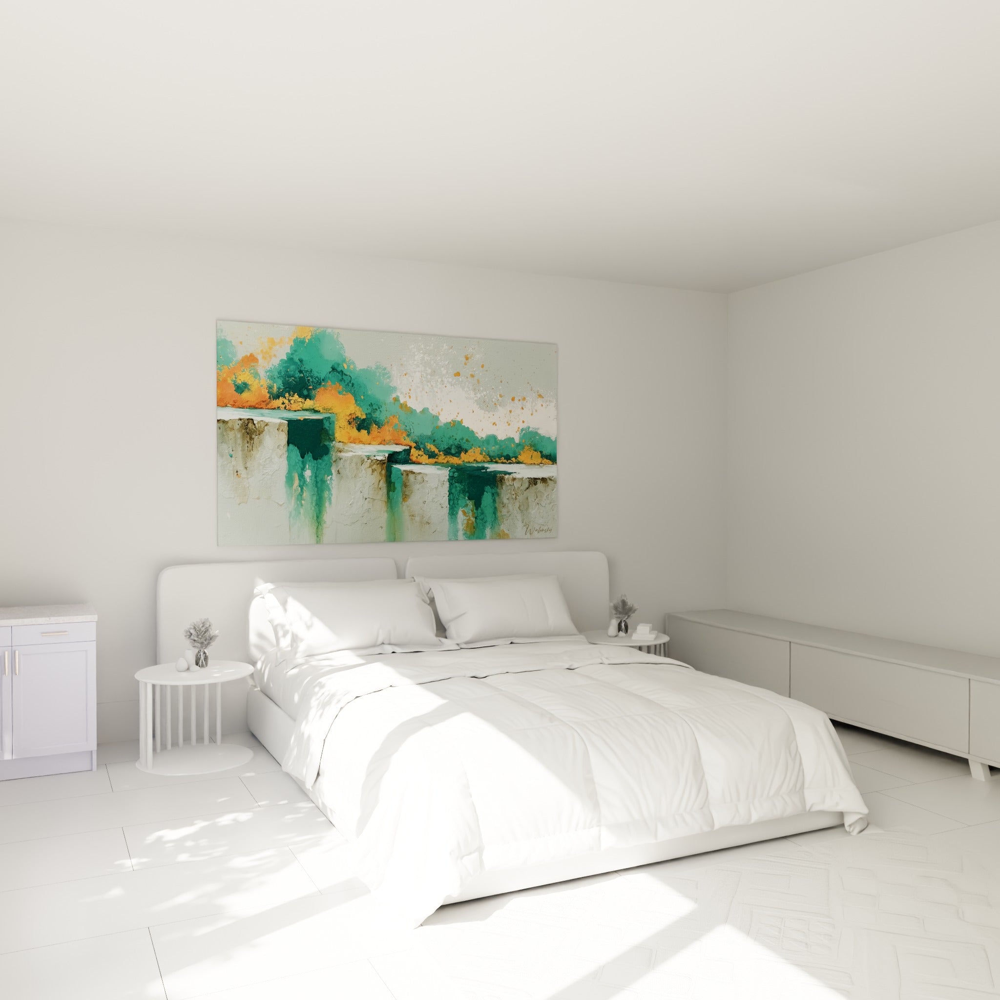 Coulées turquoise et éclats orangés d'un tableau abstrait au-dessus d'un lit dans une chambre claire