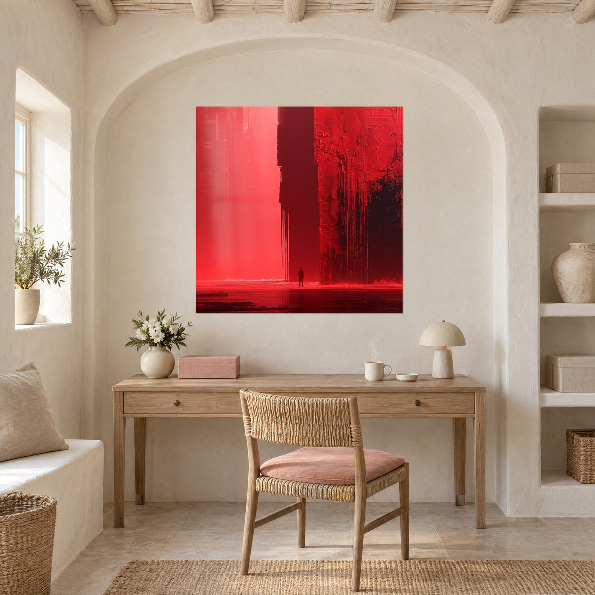 Quadro passaggio stretto tra due torri porpora, riflesso cremisi su pavimento bagnato, parete color crema di un ufficio con arcata a volta