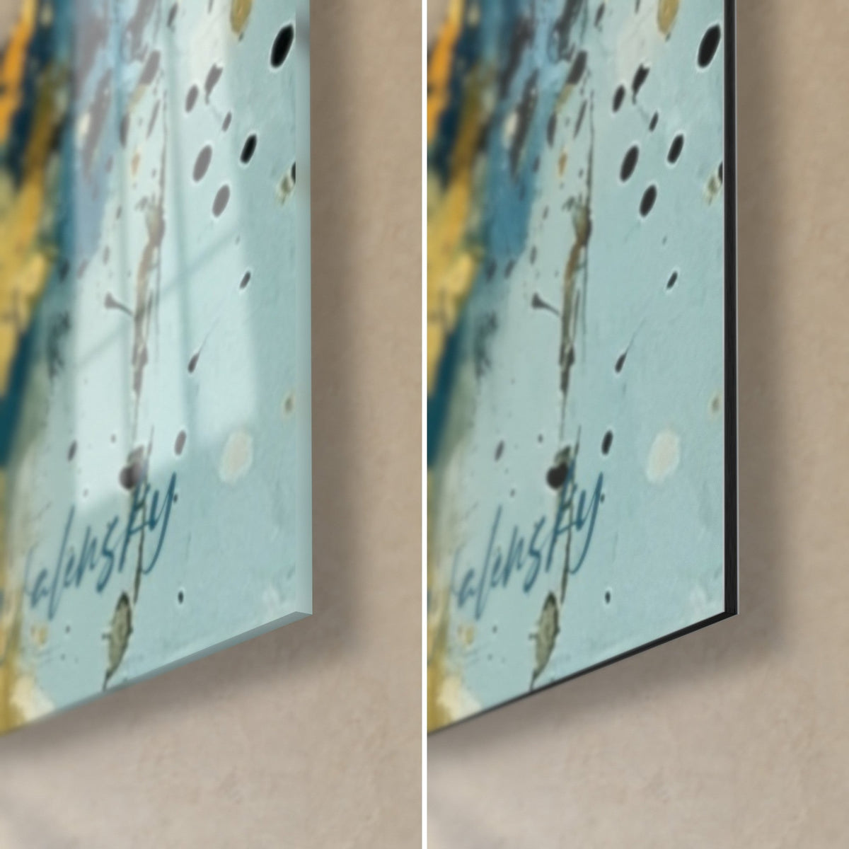 Wall art saffron yellow and deep blue flower blooms, signed Walensky in the bottom right corner, glossy glass and matte Dibond, 3 mm thickness