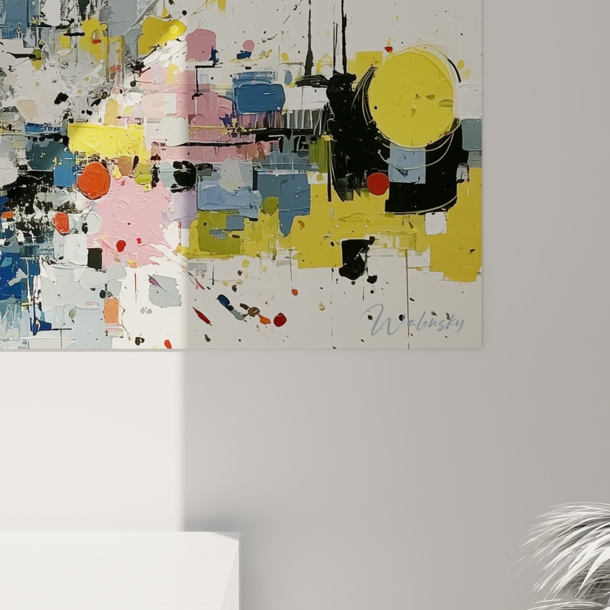Empâtements jaune moutarde et coulures noires du style Peinture abstrait, grain de toile et couleurs qui se touchent