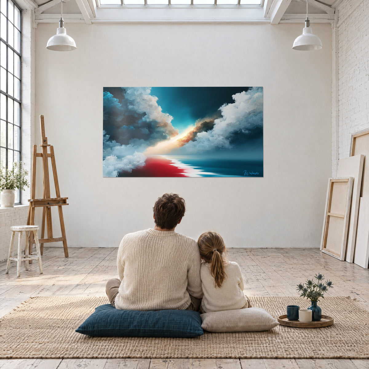 Cuadro tormenta que se abre al sol, volutas azul cielo y crema, claro anaranjado, mar oscuro, padre o madre e hijo sentados de espaldas