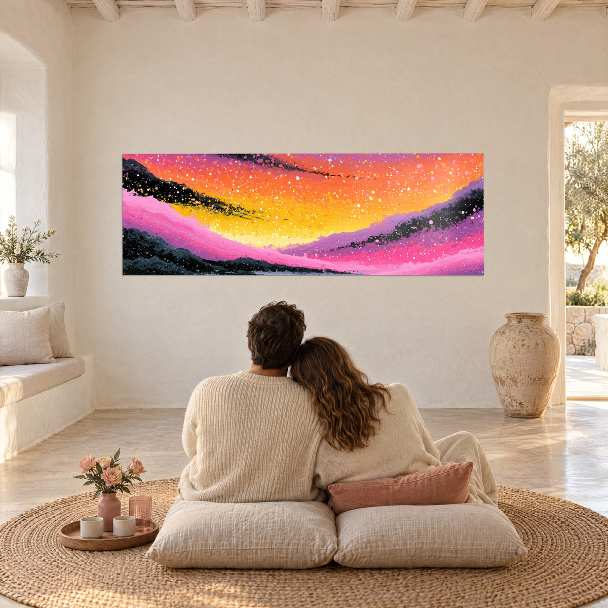 Wall art panoramic stellar sunrise in orange and pink, white dotted accents, admired by an embracing couple on linen cushions
