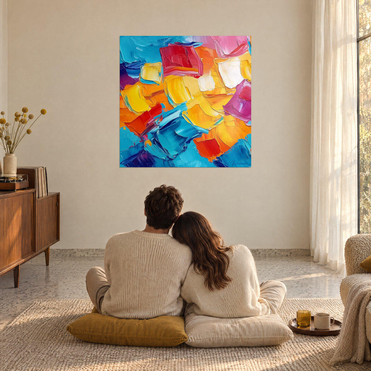 Cuadro paleta de colores brillantes, amarillo sol, azul turquesa y rosa, en una sala bañada de luz con un cojín en el suelo